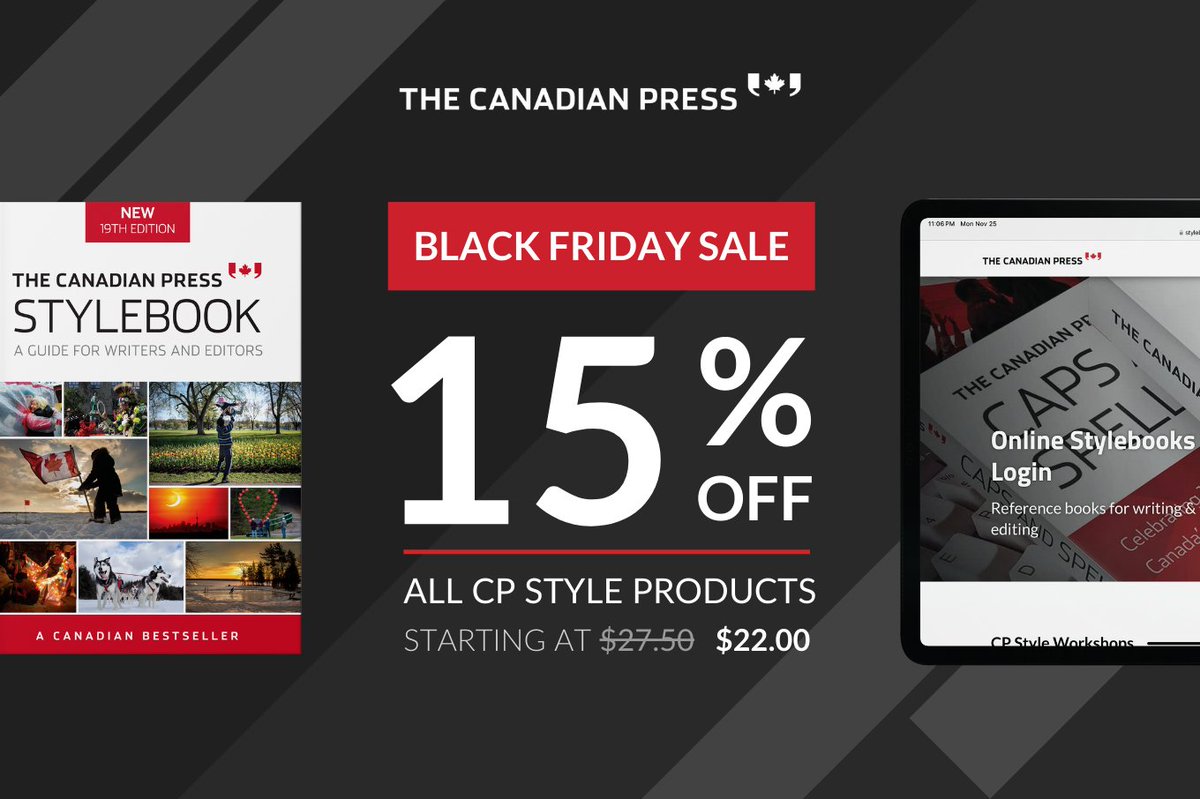 Time is running out to save 15% on The Canadian Press Stylebook, Caps and Spelling, and all of our CP style products. Only four days left!

the-canadian-press-store.myshopify.com/?utm_source=Tw…

Ensure your writing follows the standards set by Canada's national news agency.
