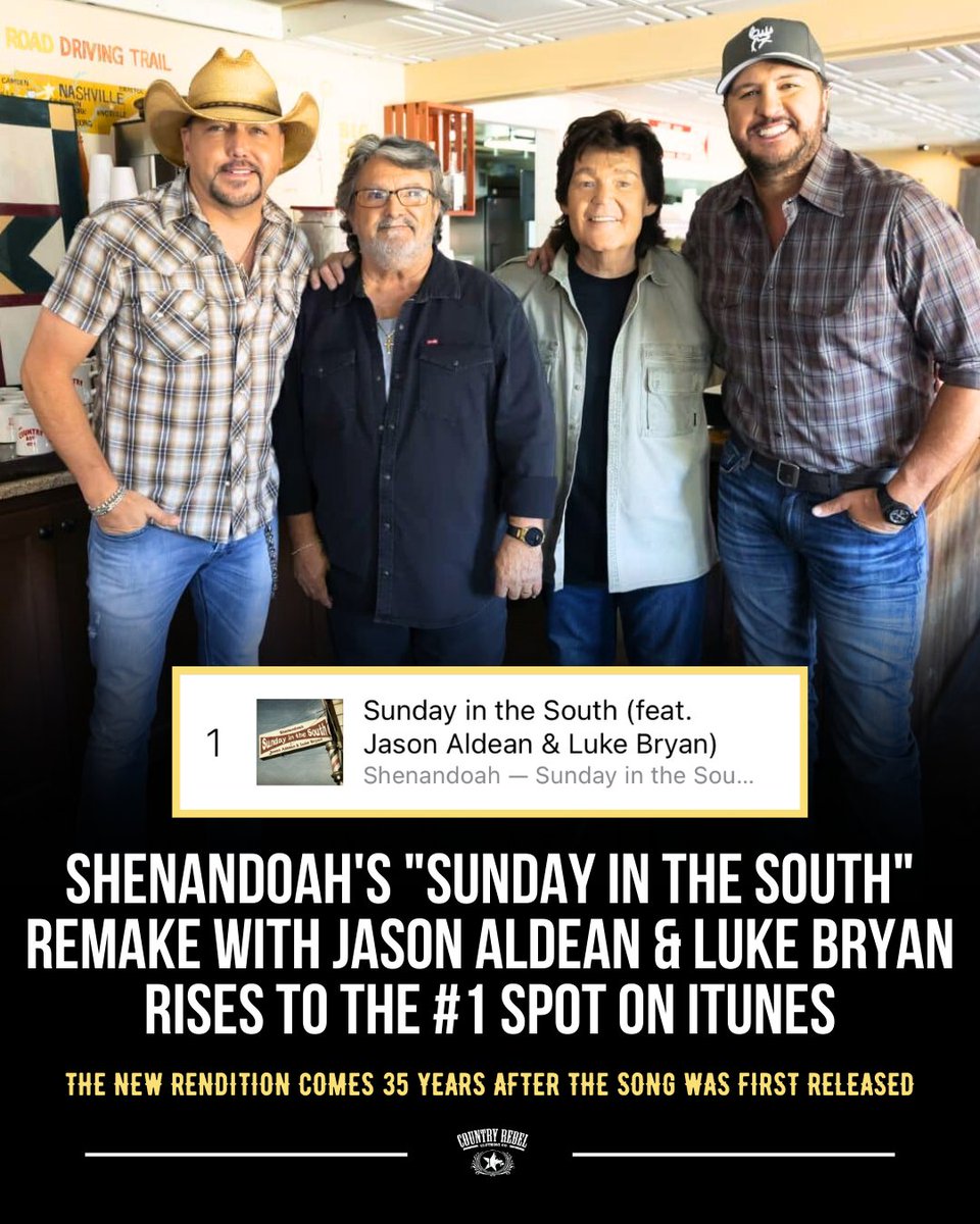 Country Rebel (@countryrebelco) on Twitter photo Two days after the release of the new music video, the remake of <a href="/Shenandoahband/">Shenandoah</a> "Sunday in the South" featuring <a href="/Jason_Aldean/">Jason Aldean</a> and <a href="/lukebryan/">Luke Bryan</a> has claimed the top spot on iTunes! Have you listened yet? Two days after the release of the new music video, the remake of <a href="/Shenandoahband/">Shenandoah</a> "Sunday in the South" featuring <a href="/Jason_Aldean/">Jason Aldean</a> and <a href="/lukebryan/">Luke Bryan</a> has claimed the top spot on iTunes! Have you listened yet?