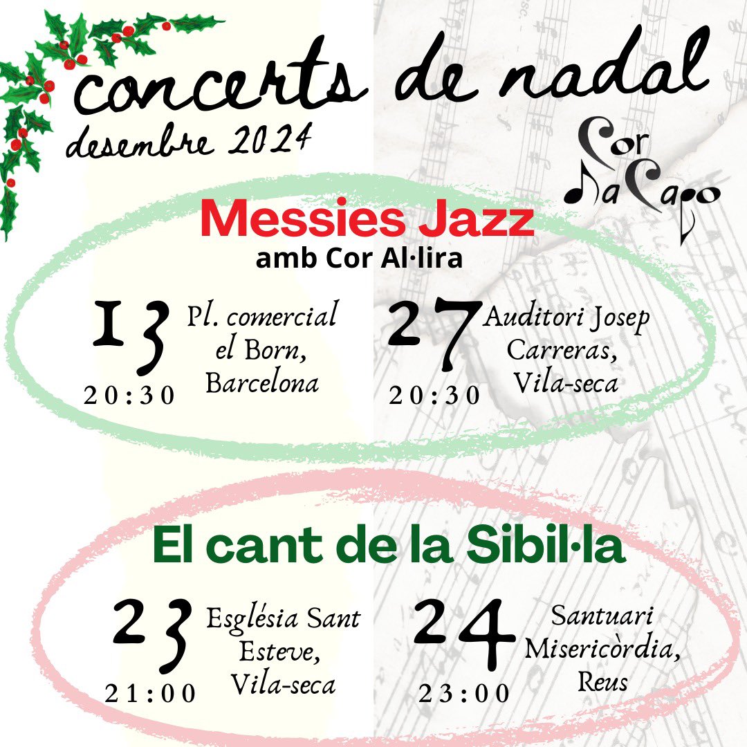CorDaCapo's tweet photo. Oferirem dos concerts d’un extracte del Messies de Händel, versió jazz. 

📍13/12, 20.30h. Bcn (Pl. Comercial, El Born)
📍27/12, 20.30h. Auditori Josep Carreras, Vila-seca. Taquilla inversa, benefici per a la banda de música d'Algemesí. 

I com cada any el Cant de la Sibil·la. https://t.co/rjBDCpUpXO