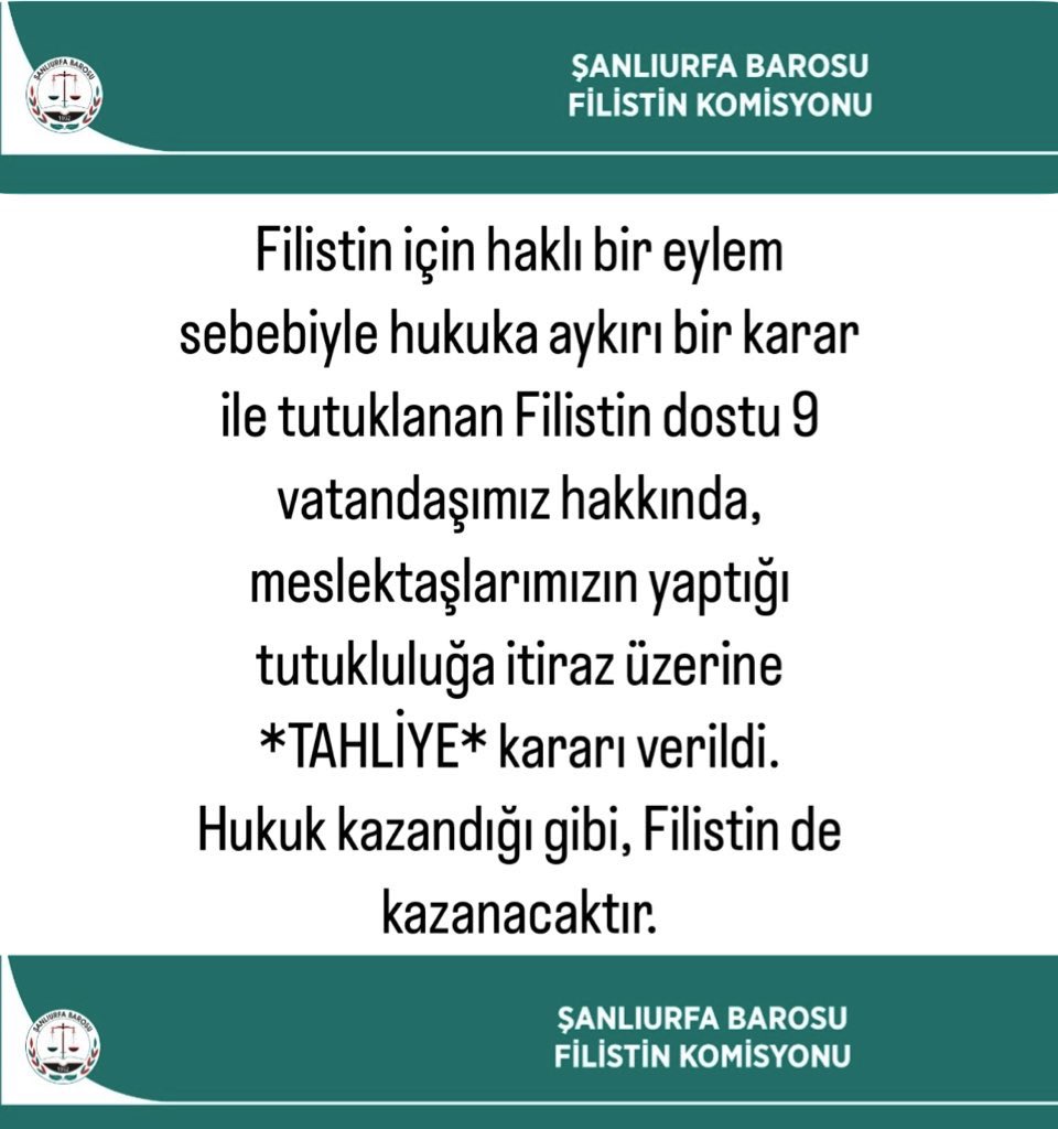 Filistin için haklı bir eylem sebebiyle hukuka aykırı bir karar ile tutuklanan Filistin dostu 9 vatandaşımız hakkında, meslektaşlarımızın yaptığı tutukluluğa itiraz üzerine *TAHLİYE* kararı verildi.
Hukuk kazandığı gibi, Filistin de kazanacaktır.
 #palestine