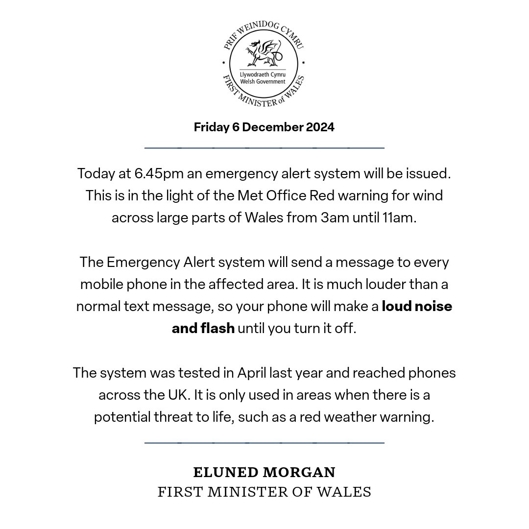 A red weather warning has been issued for parts of Wales.

At 6:45pm on 06/12/2024, the Emergency Alert System will send a message to all mobiles within the affected areas.

The warning means that there is a potential risk to life. Please take care and follow advice to stay safe.