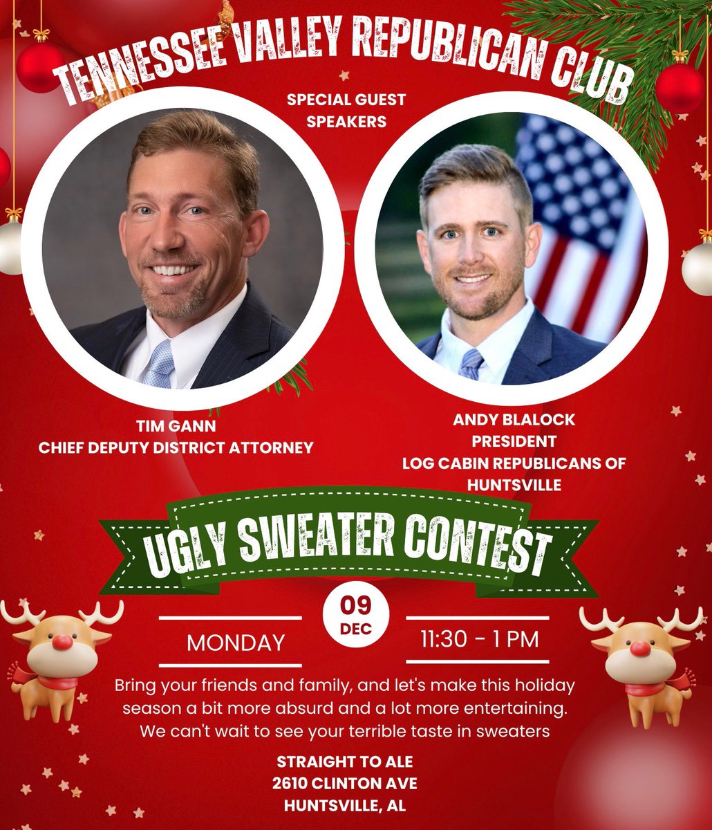 HSVLogcabin's tweet photo. Please join me at Tennessee Valley Republican Club Monday December 9, 11:30-1:00 to share the mission for LCR HSV. If you haven’t joined TVRC you are missing out on an incredibly fun group of conservatives. https://t.co/c4tJvFQV8H