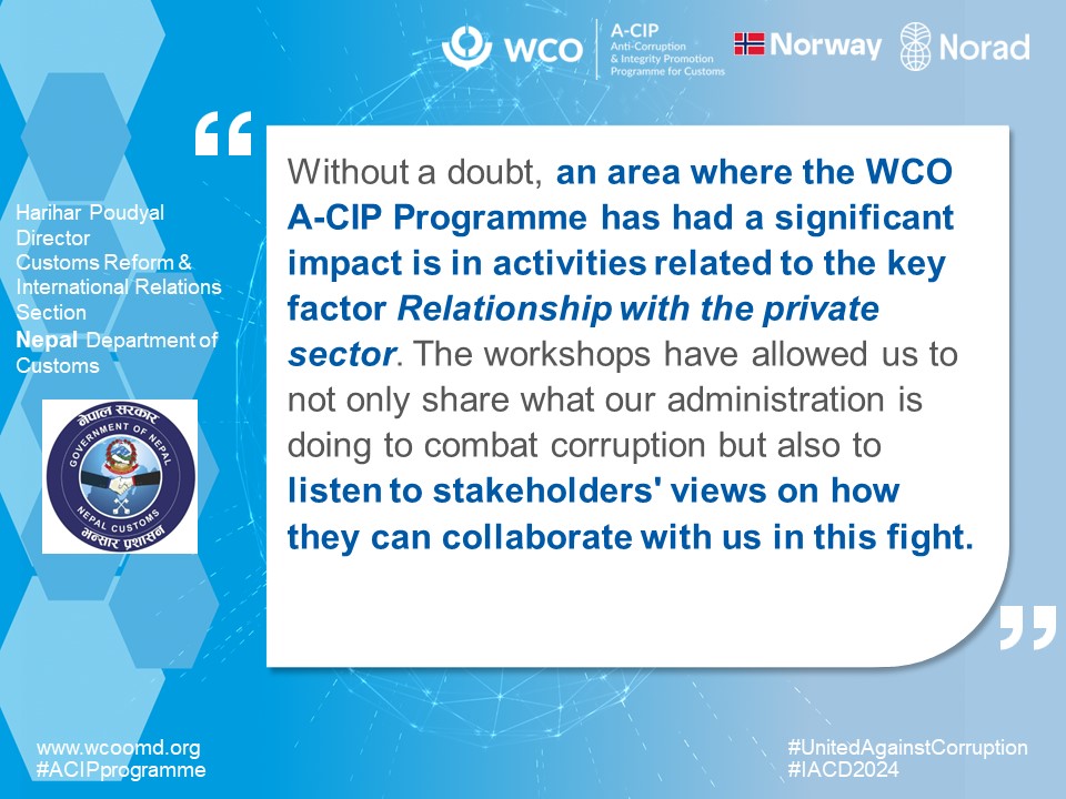 WCO_OMD's tweet photo. #IACD2024 Progress in action: WCO Members reflect on the impact of #WCO support in their anti-corruption initiatives
#UnitedAgainstCorruption #ACIPprogramme @DocNepal https://t.co/WloS1mvhbe