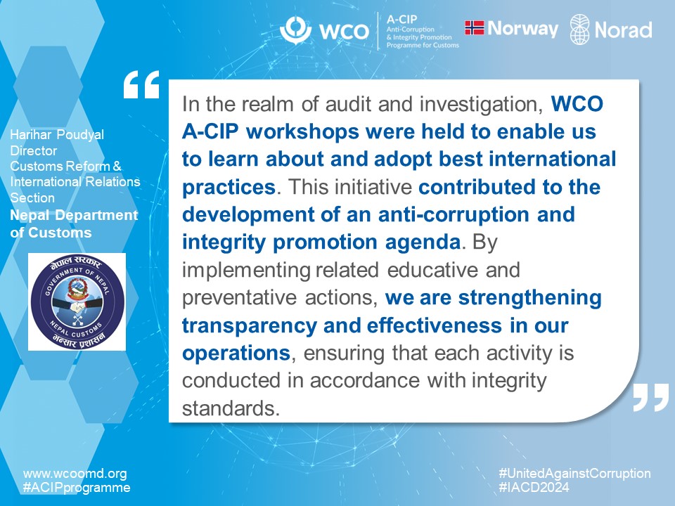 WCO_OMD's tweet photo. #IACD2024 Progress in action: WCO Members reflect on the impact of #WCO support in their anti-corruption initiatives
#UnitedAgainstCorruption #ACIPprogramme @DocNepal https://t.co/WloS1mvhbe