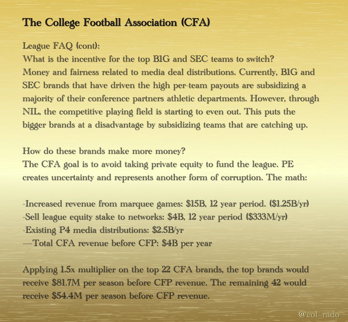 col_rado's tweet photo. College football has never been more corrupt. The greed of conferences and networks have consumed the sport. The CFA restores fairness, regional divisions and fixes the CFP.

Details are included in the league FAQs. https://t.co/4KT7kEbmPz