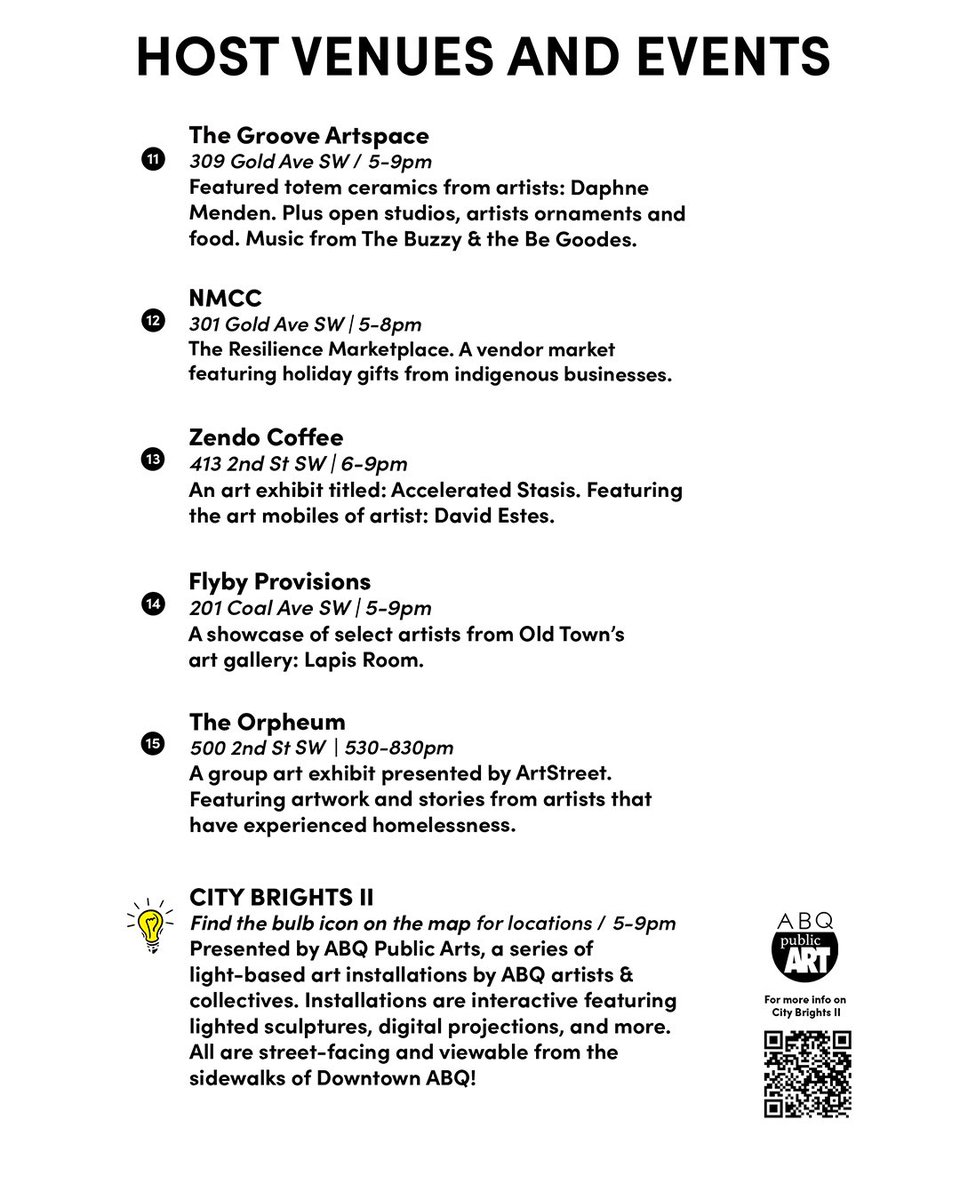 TONIGHT is ABQ Artwalk x City Brights II! Grab the <a href="/zakrutledge/">Zak</a> map edition at listed locations &amp; online to discover all of tonight’s events, featured artists &amp; locations! City Bright art installations will be highlighted with a 💡 icon and are viewable street-side! Tonight 5-9pm