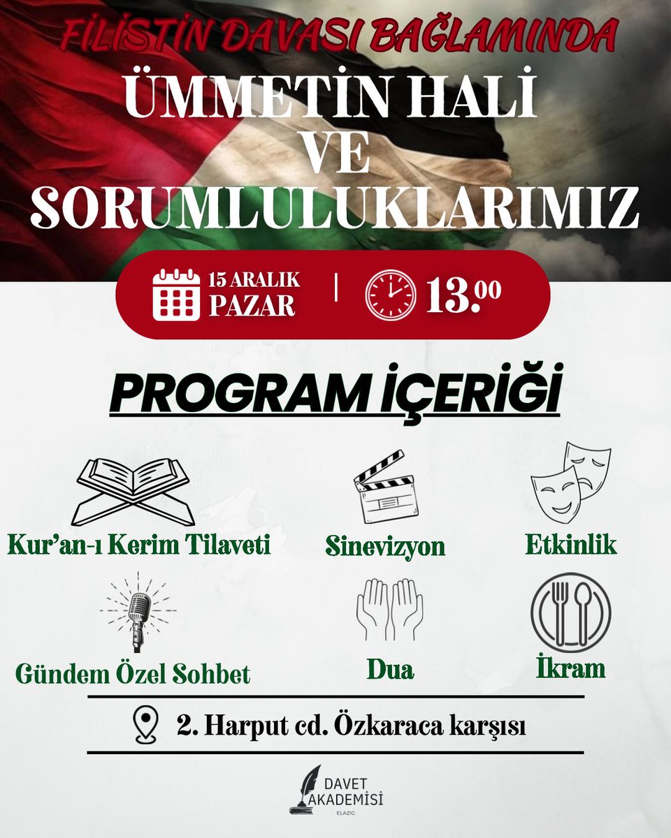 SEMİNERE DAVET 📣
15 Aralık pazar günü 13:00’da Filistin davası bağlamında “Ümmetimizin hali ve sorumluluklarımız” konulu seminerimize Elazığ’daki tüm bayan genç kardeşlerimiz davetlidir.
Detaylı adres için DM’den ulaşabilirsiniz 💐
#elazığ #fıratüniversitesi #filistin #ümmet