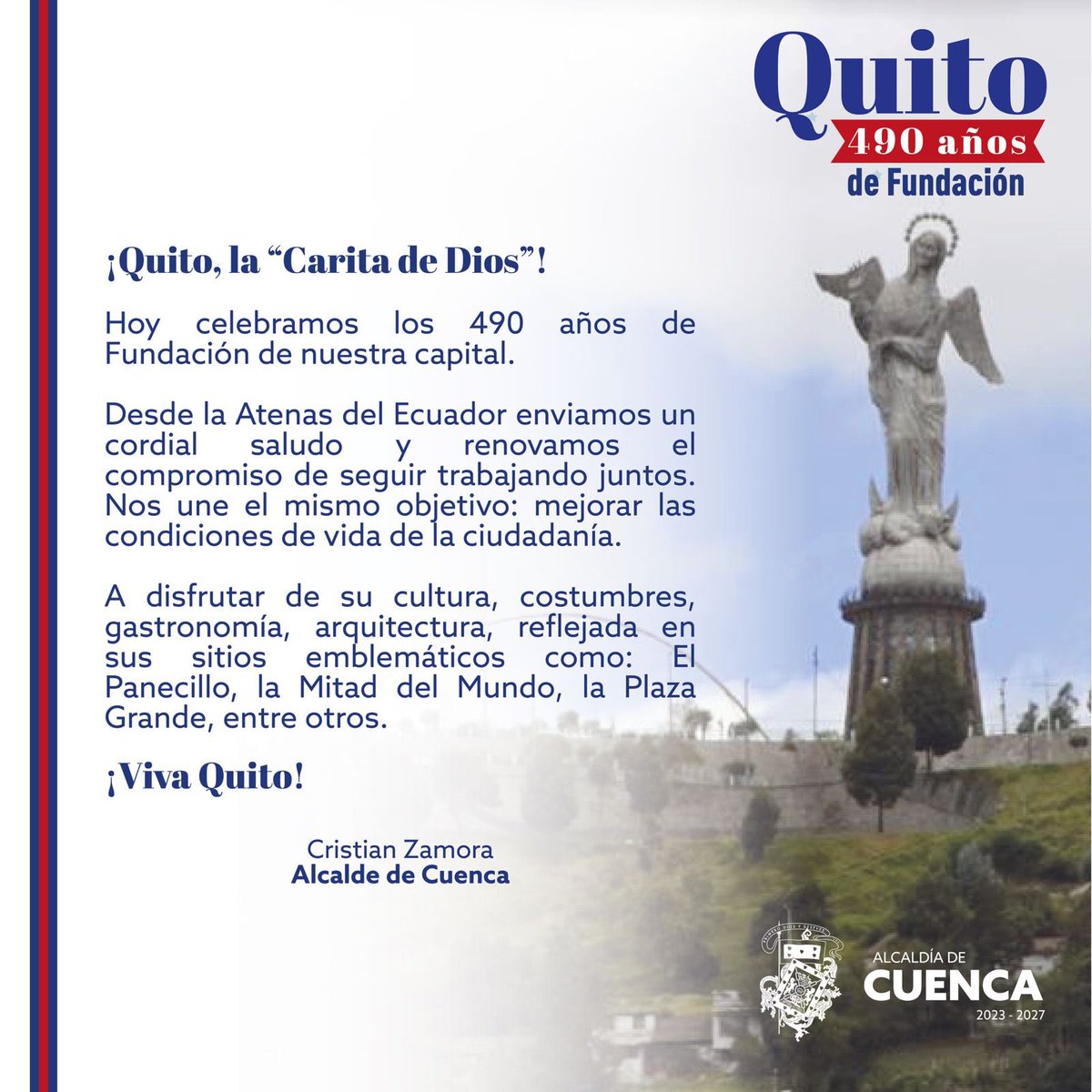 czamoramatute's tweet photo. ¡Que viva #Quito! 🎉🇪🇨

Desde Cuenca, saludamos a la capital, llena de historia y cultura, y a los quiteños, gente trabajadora y comprometida, en sus 4️⃣9️⃣0️⃣ años. @pabelml https://t.co/EqQvelDXhi