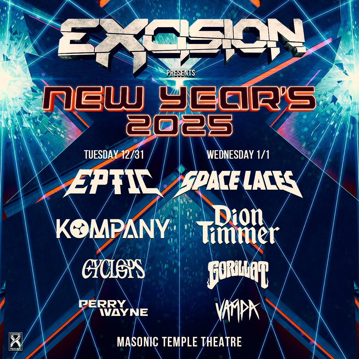 MichEDMFamily's tweet photo. NYE Giveaway time! 🥳

Excision is taking over the Masonic Temple for NYE this year and bringing a massive lineup! 

We have 2 tickets to giveaway, with 2 more available once we cross 50 entries!

RT &amp; Tag a friend to win! https://t.co/glwURt4AQv