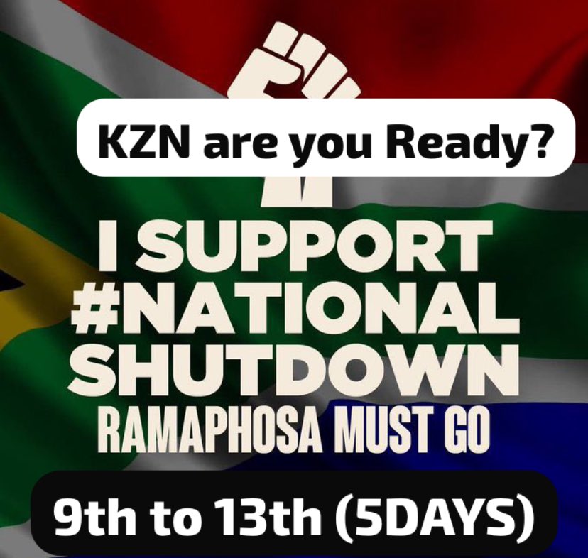 Knick_RSA's tweet photo. NATIONAL SHUTDOWN

#CyrilRamaphosaMustFall 
#RamaphosaMustGo 

KZN are you Ready?
Gauteng Are you Ready?
Eastern Cape Are you Ready?
Western Cape Are you Ready?

5DAYS OF NATIONAL SHUTDOWN https://t.co/Y0PcfM6kyx