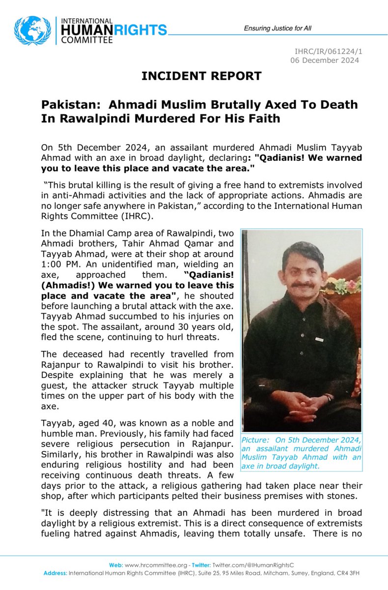 IHumanRightsC's tweet photo. ⚠️ INCIDENT REPORT

Pakistan: Ahmadi Muslim Brutally Axed To Death In Rawalpindi Murdered For His Faith https://t.co/wQFDM3KRl0