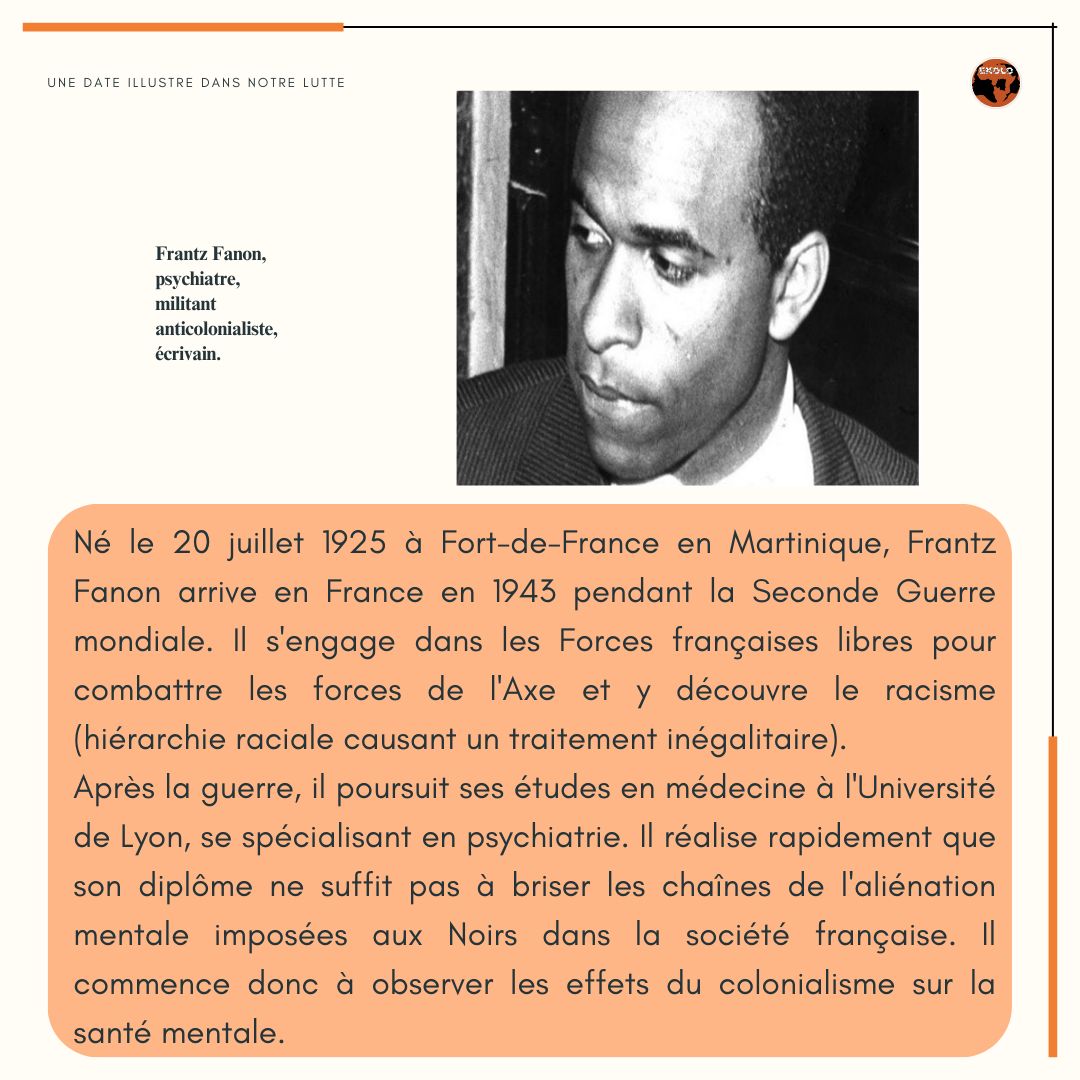 EkoloAfrica's tweet photo. 63 ans après sa mort, la pensée de Fanon reste d'actualité et essentielle pour nous, les colonisés. À travers ses œuvres, il explore les effets dévastateurs de la traite négrière et de la colonisation sur l'esprit des colonisés. (1/20) https://t.co/8V3ctDjBio