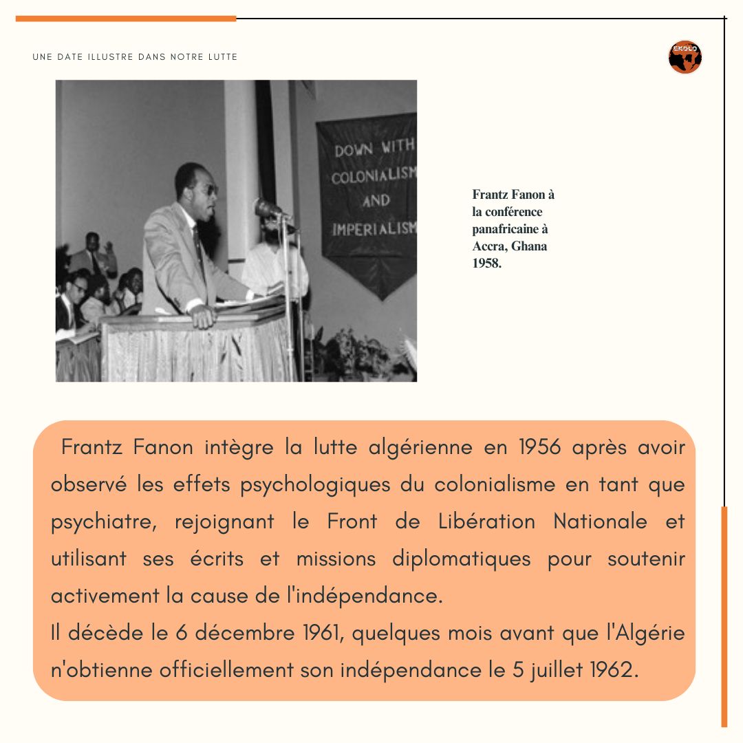 EkoloAfrica's tweet photo. 63 ans après sa mort, la pensée de Fanon reste d'actualité et essentielle pour nous, les colonisés. À travers ses œuvres, il explore les effets dévastateurs de la traite négrière et de la colonisation sur l'esprit des colonisés. (1/20) https://t.co/8V3ctDjBio