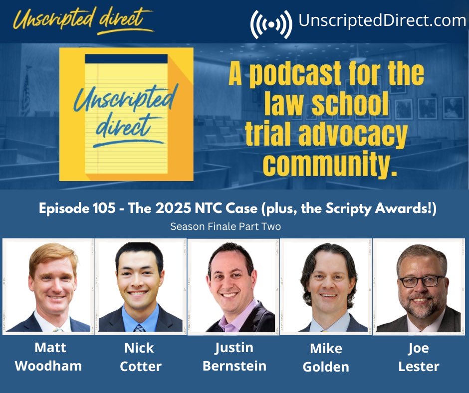 Hi Folks!

In Part Two of our Season Finale we have:

The 2025 NTC Case authors Matt Woodham, Nick Cotter, Justin Bernstein + Vexatious Litigants with Texas's Mike Golden and Nova's Joe Lester + more! 

🎧Listen to episode at: buzzsprout.com/1834655/episod… 

#lawschool #trialadvocacy