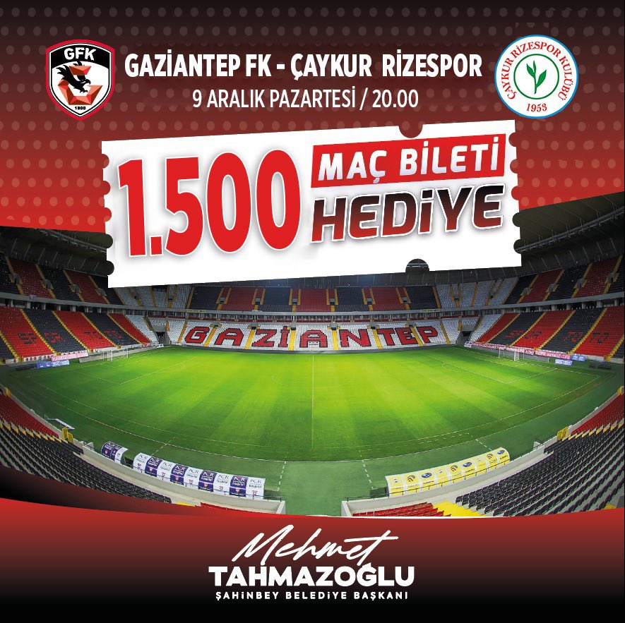 Genç taraftarlarımıza müjde!📣

Şehrimizin marka değeri olan takımımızı desteklemek isteyen gençlerimize maç bileti hediye ediyoruz.

Ödülü kazanmak için yapmanız gerekenler;

📱<a href="/sahinbeybel/">Şahinbey Belediyesi</a> ve <a href="/mtahmazoglu/">Mehmet Tahmazoğlu 🇹🇷</a> hesaplarını takip et
✅Gönderiyi beğen ve RT yap
🔁Bir arkadaşını