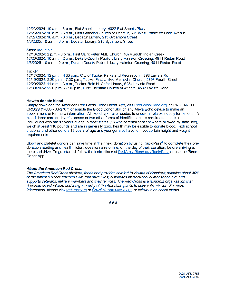 American Red Cross Blood Drives Around DeKalb

RedCrossBlood.org
1-800-RED CROSS (1-800-733-2767)

For details on gift offers, visit RedCrossBlood.org/Gifts