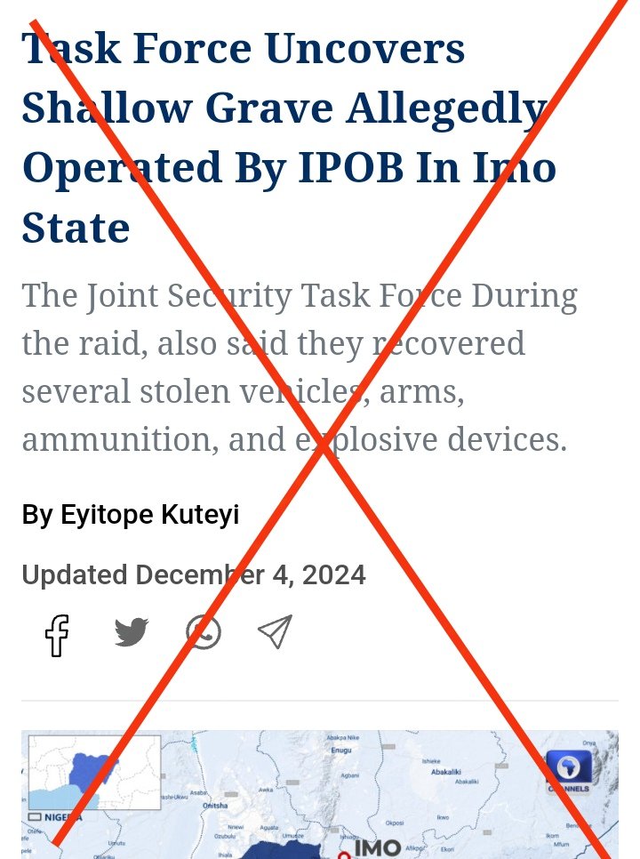 ElochukwuOhagi's tweet photo. Channels TV has reported that "Task Force has uncovered Shallow Graves Allegedly Operated By IPOB In Imo State". This news is a lie and unsubstantiated.

This was a desperate move by the government to heap all the atrocities they committed using Ebubeagu, the military and their recruited Ekperima and his boys to commit against the people of Biafra.

IPOB leadership have, in their press releases, talked about the continuous killing of IPOB and Igbo youths in general by the government and their agents. Not forgetting the many scattered borrow pits they have been dumping our people in.

It is a pity that 9jiria media will know the truth but they won't say it.

IPOB is a peaceful movement
IPOB members have been kị́lled countlessly by Nigerian security forces.

IPOB remains the victim.