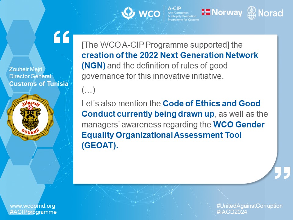 WCO_OMD's tweet photo. #IACD2024 Celebrating success in anti-corruption efforts! Hear from #WCO Members on their achievements with our support #UnitedAgainstCorruption #ACIPprogramme @DouaneTunisie https://t.co/Lz1GcSJZ0L