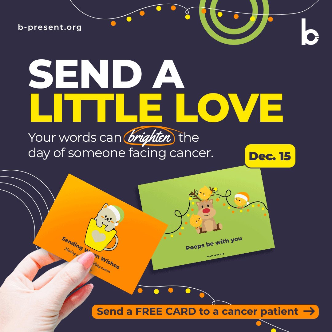 bpresentorg's tweet photo. 💌 Send a FREE card to a cancer patient
➡️ https://t.co/2AuqSh5aUl

Your words can be the reason someone facing #cancer feels connected, supported, &amp; loved. Our team will hand-deliver your card to a patient in the hospital. Submit by Dec 15.

RT to help us spread the word! 🫶 https://t.co/CusFiEmTmG