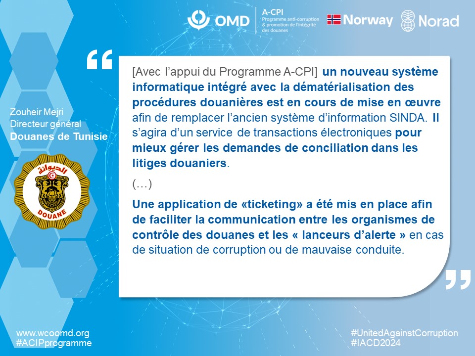 WCO_OMD's tweet photo. #IACD2024 Célébrer le succès des efforts de lutte contre la corruption ! Les Membres de l'#OMD nous font part de leurs réalisations avec notre soutien
#UnitedAgainstCorruption #ACIPprogramme @DouaneTunisie https://t.co/AoHLoZxdZq