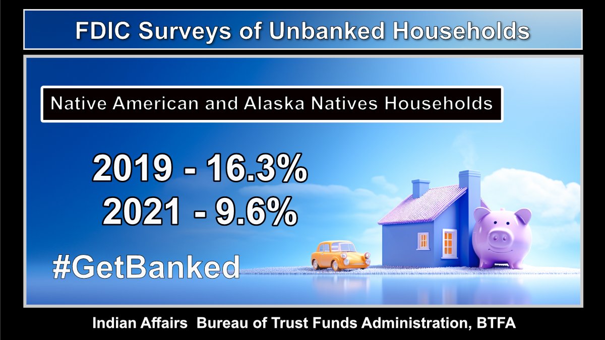 IATrustFunds's tweet image. #DYK The @FDICgov's Survey of Unbanked Households 2021 Report shows that unbanked American Indians &amp;amp; Alaska Natives have dramatically dropped from 16.3% in 2019 to 9.6%! That's a huge leap forward in financial inclusion! Let's keep this momentum going! #NativePride #NativeTwitter
