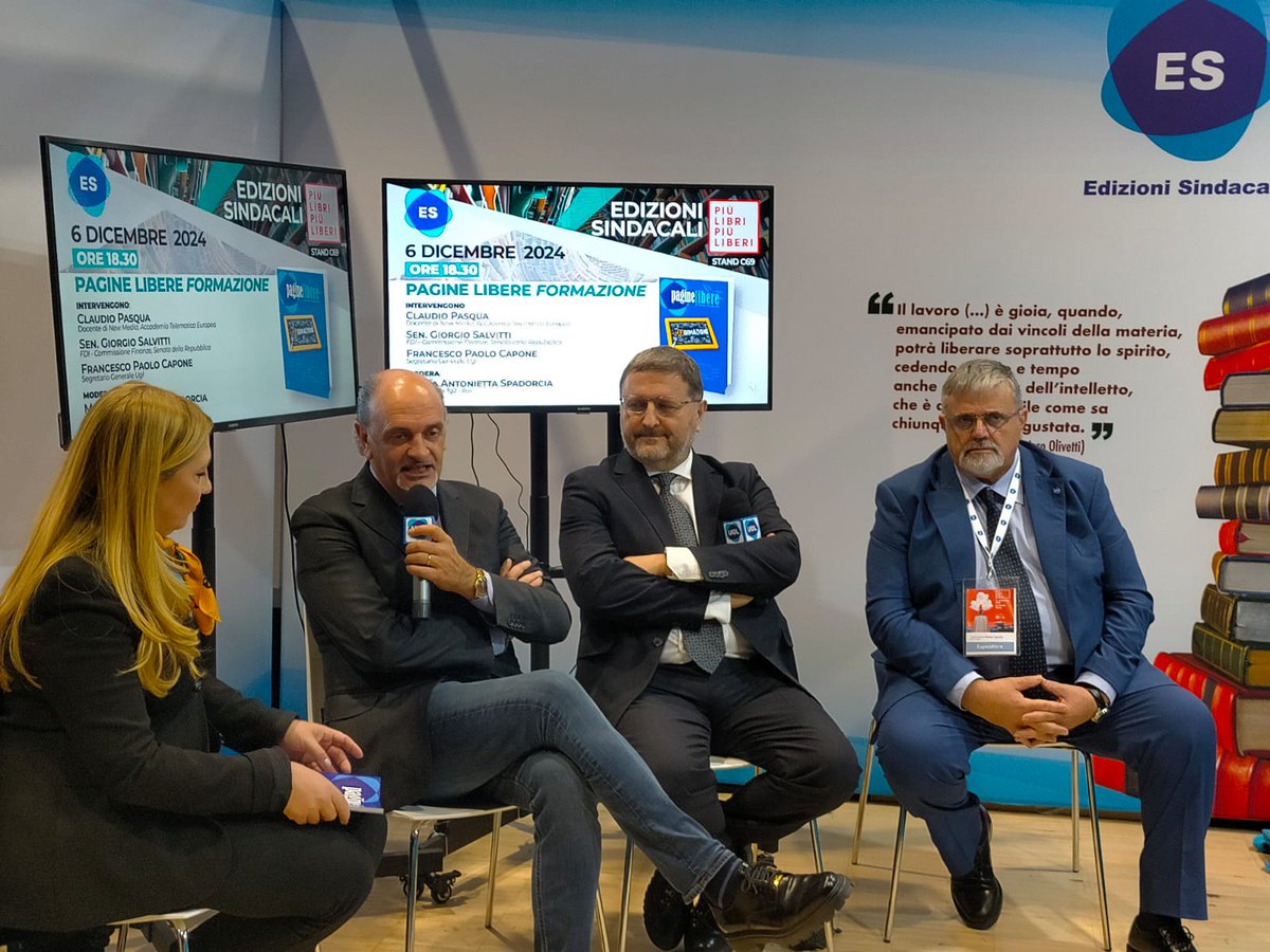 UGLConf's tweet photo. Alla Nuvola, a “Più Libri più liberi”, Pagine Libere - Formazione. Istruzione ma anche Intelligenza artificiale, addestramento e sicurezza sono stati punti cardine della presentazione di stasera al nostro stand di Edizioni Sindacali. https://t.co/FoceGBH5EN