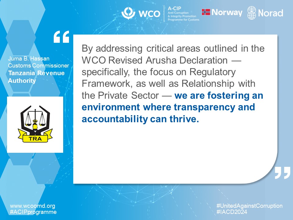 WCO_OMD's tweet photo. #IACD2024 WCO Members highlight their progress in tackling corruption with #WCO's guidance
#UnitedAgainstCorruption #ACIPprogramme @TRATanzania https://t.co/Gyx13pDj26