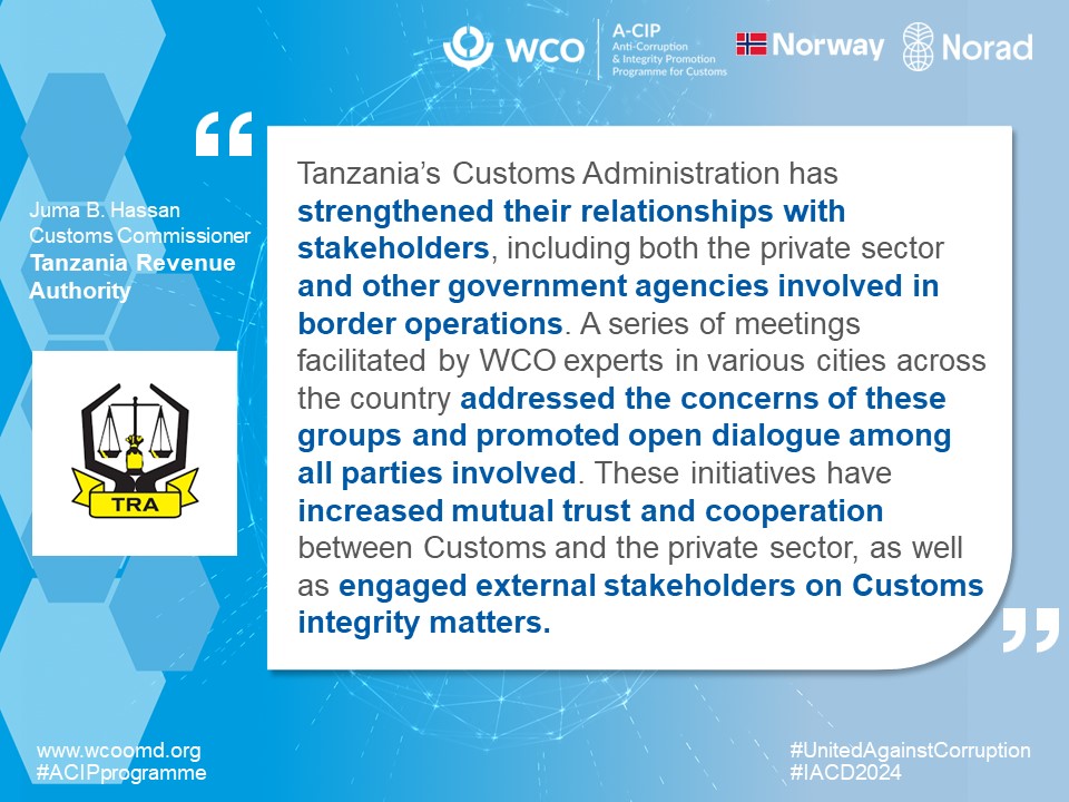 WCO_OMD's tweet photo. #IACD2024 WCO Members highlight their progress in tackling corruption with #WCO's guidance
#UnitedAgainstCorruption #ACIPprogramme @TRATanzania https://t.co/Gyx13pDj26
