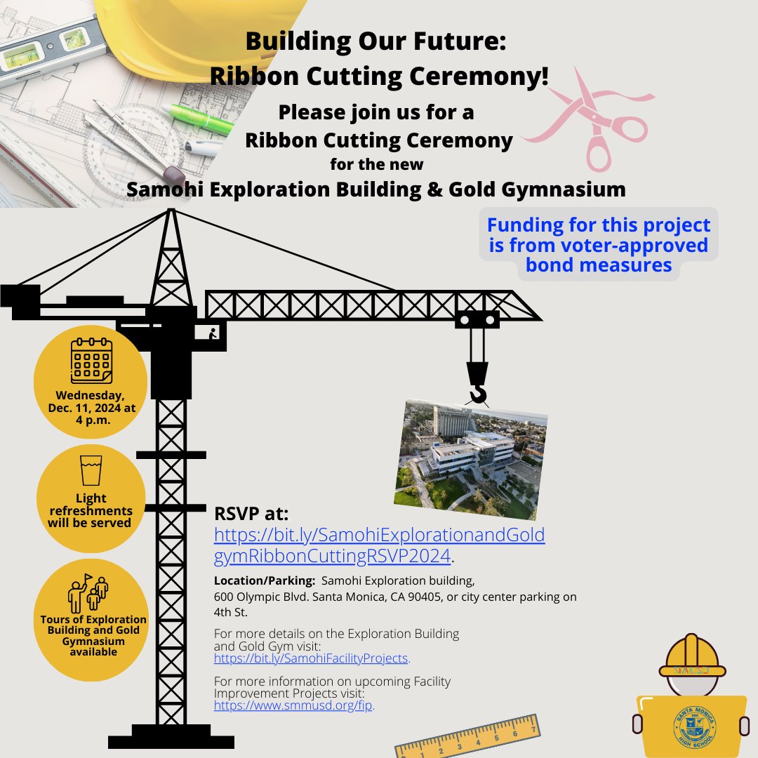 SMMUSD's tweet photo. 🎉 Come celebrate #Samohi's new Exploration building &amp; Gold Gym's Ribbon Cutting Ceremony on Wednesday, Dec. 11, 2024 at 4 p.m. This event marks the completion of the new state-of-the-art facilities designed to enhance student learning. 🌟@Dr_AShelton @SamohiPrincipal #FIPFriday https://t.co/J3FJZzsZuc