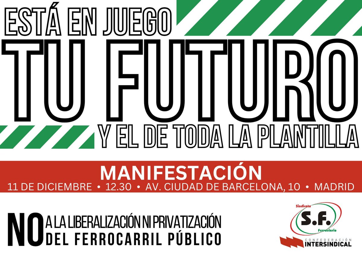 Rafa_Escudero's tweet photo. EN DEFENSA DEL FERROCARRIL PUBLICO Y SOCIAL, AL SERVICIO DE LA CIUDADANIA. 11 DE DICIEMBRE A LAS 12:30 h MANIFESTACIÓN desde la Avda de la Ciudad de Barcelona 10 hasta la Estación de Atocha. https://t.co/9HtfL7GJ2x