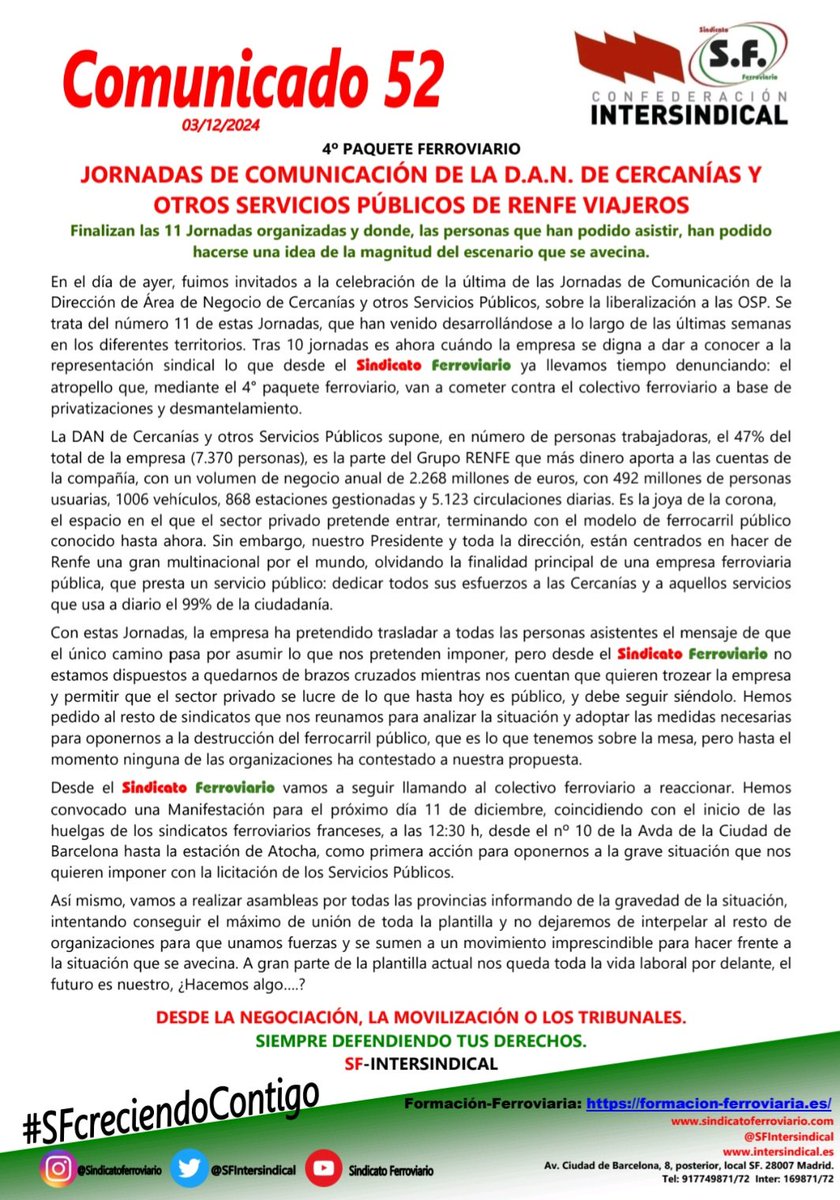 Rafa_Escudero's tweet photo. EN DEFENSA DEL FERROCARRIL PUBLICO Y SOCIAL, AL SERVICIO DE LA CIUDADANIA. 11 DE DICIEMBRE A LAS 12:30 h MANIFESTACIÓN desde la Avda de la Ciudad de Barcelona 10 hasta la Estación de Atocha. https://t.co/9HtfL7GJ2x