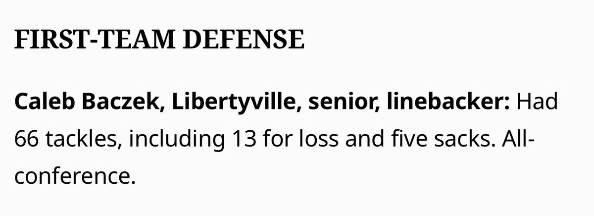 Caleb Baczek (@caleb_baczek) on Twitter photo Honored to be named 1st team defense all area!!
<a href="/MikeBuke99/">Michael Buchanan</a> <a href="/EDGYTIM/">Timothy “EDGYTIM” OHalloran</a> <a href="/CoachNickleson/">Jaren Nickleson</a> <a href="/CoachDShack/">Danny Schaechter 🏝️🏈🐾</a> <a href="/LHSWildcatsFB/">Libertyville High School Football</a> <a href="/PrepRedzoneIL/">Prep Redzone Illinois</a> <a href="/99Prblems/">99 PROBLEMS PASSRUSH ACADEMY</a> Honored to be named 1st team defense all area!!
<a href="/MikeBuke99/">Michael Buchanan</a> <a href="/EDGYTIM/">Timothy “EDGYTIM” OHalloran</a> <a href="/CoachNickleson/">Jaren Nickleson</a> <a href="/CoachDShack/">Danny Schaechter 🏝️🏈🐾</a> <a href="/LHSWildcatsFB/">Libertyville High School Football</a> <a href="/PrepRedzoneIL/">Prep Redzone Illinois</a> <a href="/99Prblems/">99 PROBLEMS PASSRUSH ACADEMY</a>