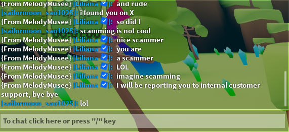 watermelonloard's tweet photo. @redroseyviper Beware of melodymusee (Liliana), this person is still approaching people trying to get access to their account through their avatars. This person may be targeting specific individuals as I was in a game with no players for testing purposes. https://t.co/IXIrvJAe2y