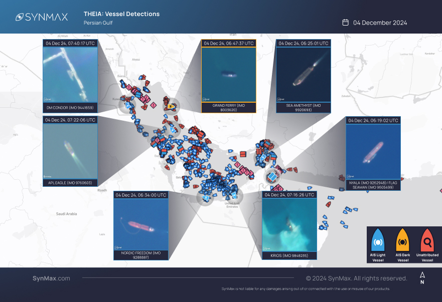 SynMaxInt's tweet image. On Dec 4th, #Theia detected 2,161 vessels in the Persian Gulf, exposing AIS dark vessels, STS transfers &amp;amp; spoofing.

Analyzing 20M+ km² of satellite imagery, Theia fuses AIS, Planetscope, Sentinel-1 SAR &amp;amp; Sentinel-2 for actionable intelligence—not just dots on a map. 🗺️ 🚢