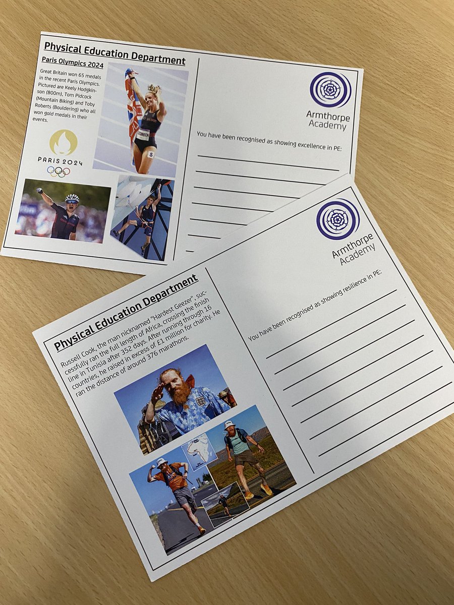 Congratulations to the students who received their PE postcards today! These are awarded every Friday to students who have shown excellence and/or resilience in PE lessons that week. 👏

Could next week be your turn for a postcard? ⭐️