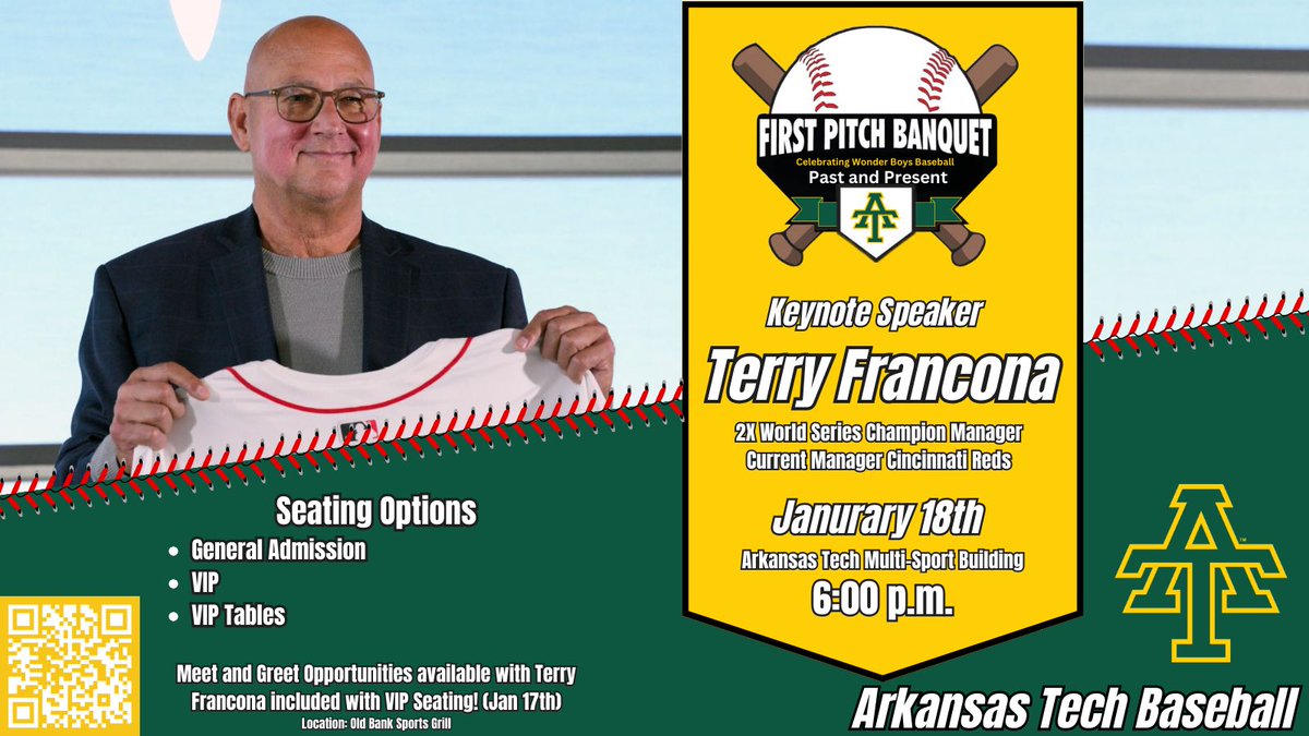 Join us for the First Pitch Banquet and help kick off the season with future hall of fame manager Terry Francona!🎟️

🎟️ Get your tickets now at atualumni.com/baseballbanquet !
General admission seating is assigned based on your purchase timeline—don’t wait!

#FightOn #ATUBaseball