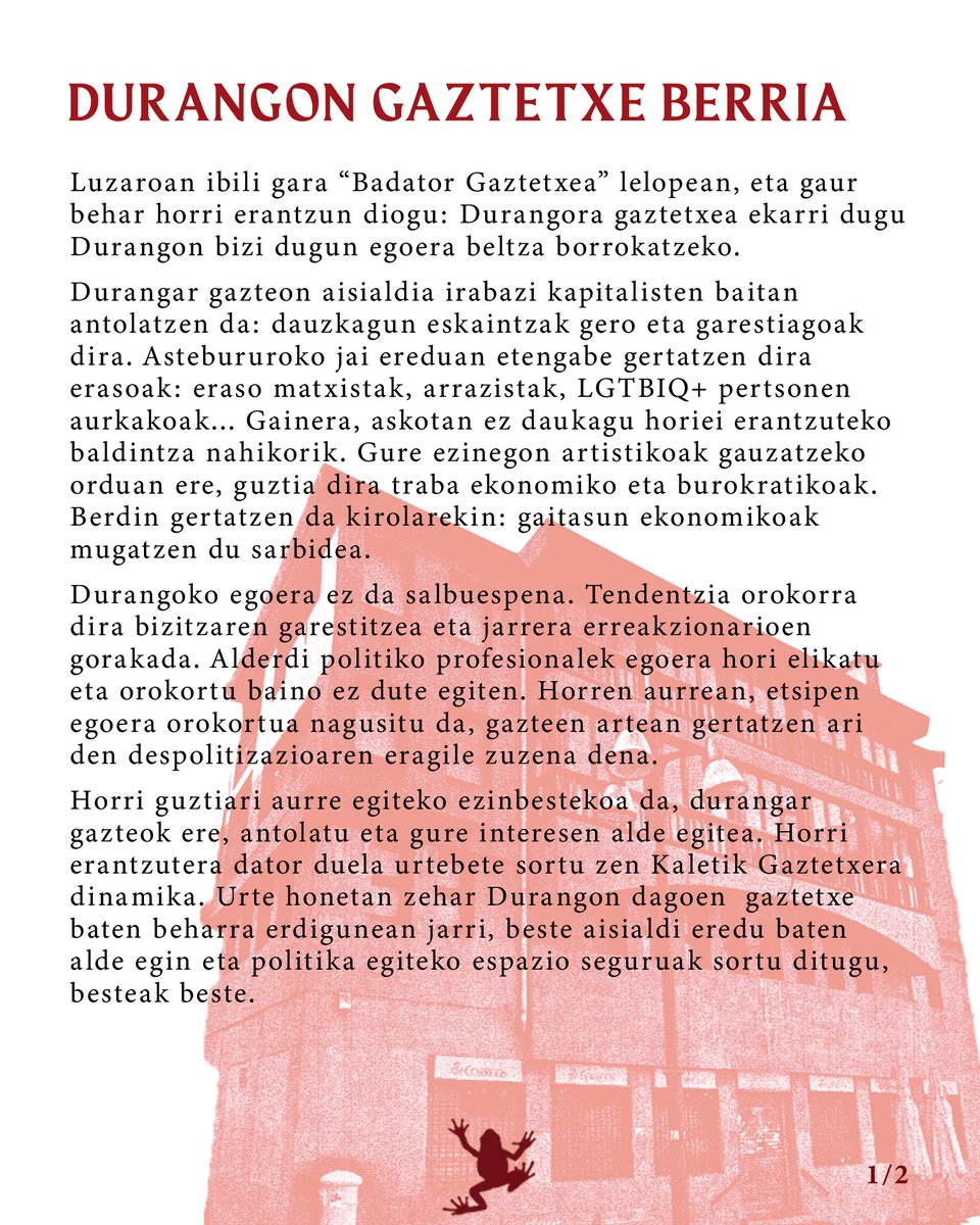 KaletikGTX's tweet photo. DURANGON GAZTETXE BERRIA
Udaletxe plaza 4, Correos zaharra.

Ondo etorri Durangoko Gaztetxera! https://t.co/jhs0tZBnZK