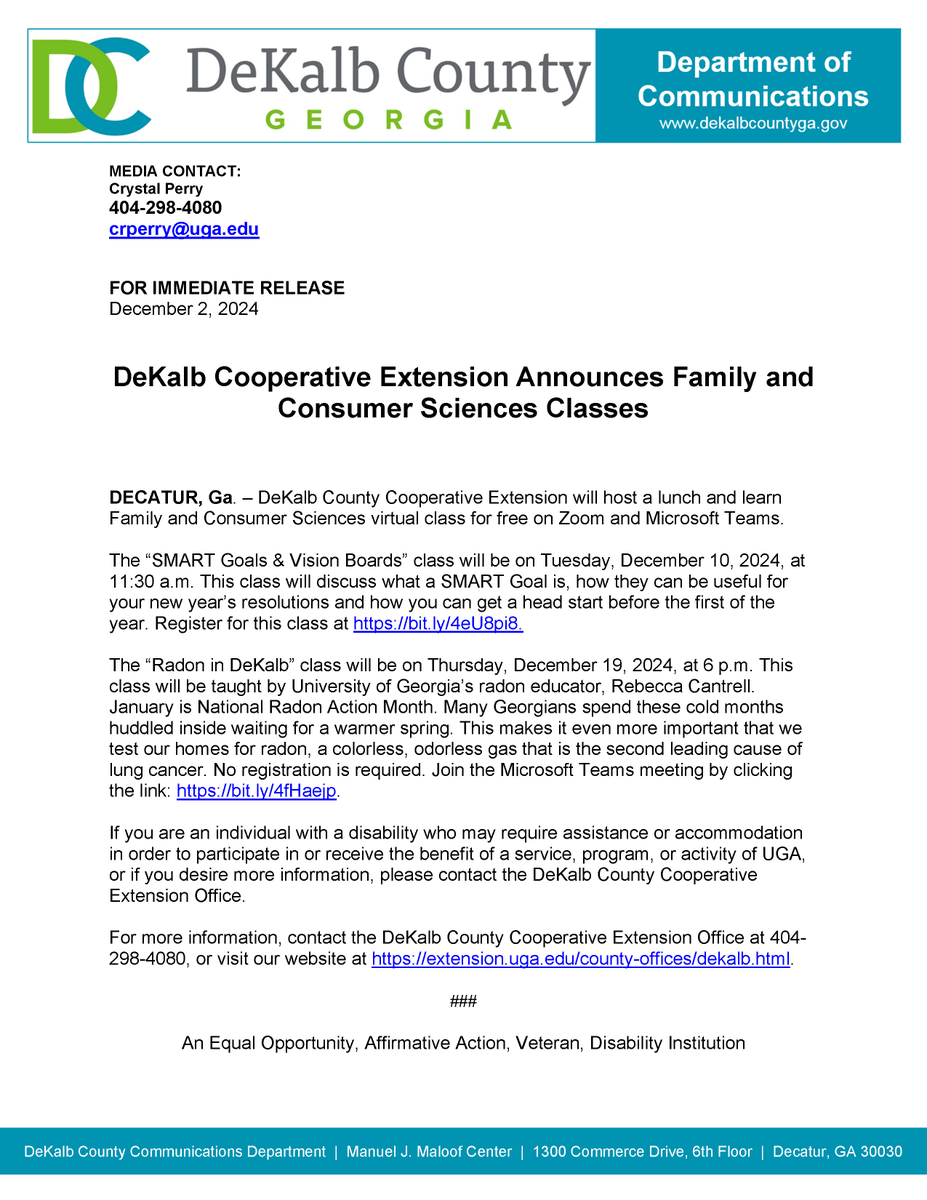 DeKalb Cooperative Extension Announces Family and Consumer Sciences Classes

"SMART Goals &amp; Vision Boards" Class
Registration bit.ly/4eU8pi8

"Radon in DeKalb" Class
No registration required. Join the Microsoft Teams meeting by clicking the link: bit.ly/4fHaejp