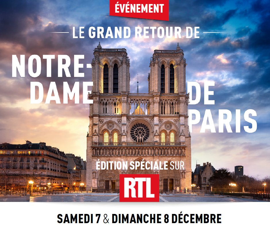 🔴 EVENEMENT
Le grand retour de Notre-Dame, c'est sur <a href="/RTLFrance/">RTL France</a> !

📅 7/12
12h30 - Le journal inattendu avec <a href="/NathalieRenoux/">Nathalie Renoux</a>
Dès 18h - Edition spéciale avec <a href="/vincent_parizot/">Vincent Parizot</a>

📅 8/12
Dès 6h - <a href="/RTLmatinweekend/">RTL Matin Weekend</a> avec <a href="/StphCarpentier1/">Stéphane Carpentier</a>
13h - Focus dimanche avec <a href="/mohamedbouhafsi/">Mohamed Bouhafsi</a>