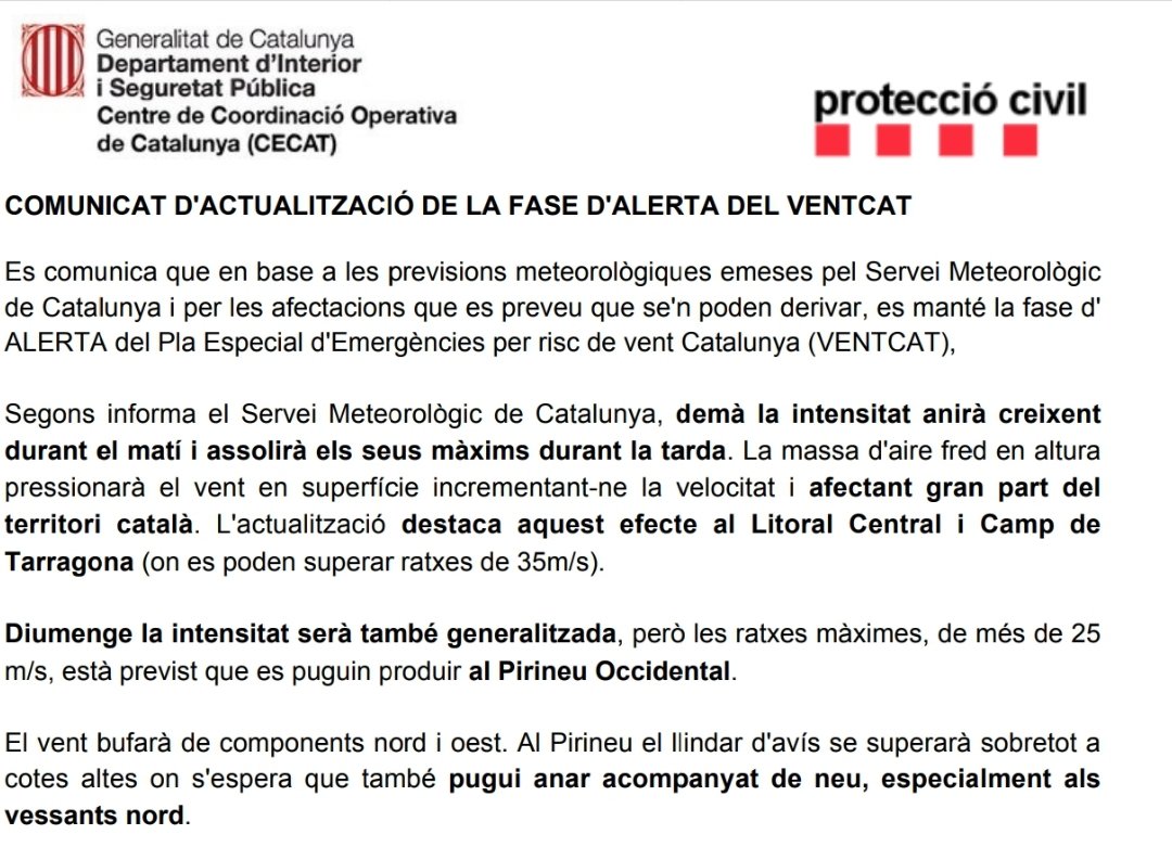 PLSalou's tweet photo. Informem que ens trobem en fase d'alerta del Ventcat, es prega recullin tendals i guardin tests i objectes de les terrasses, així com evitar estar en llocs arbrats. https://t.co/URywvcTwM2