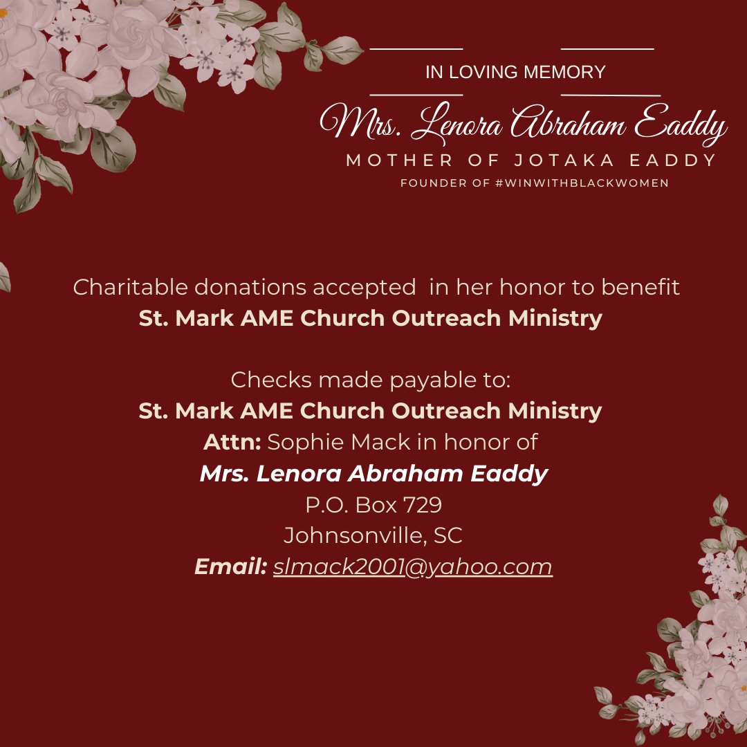 WinWithBLKWomen's tweet photo. It is with profound sadness that we share the heavenly ascension of Jotaka’s Mother and WWBW sister, Lenora Abraham Eaddy. As we reflect on her life, let us carry forward her spirit of love, unity, and purpose.

Rest peacefully, Lenora. Your legacy lives on in our hearts. 💜 https://t.co/1mT1eyoXpJ