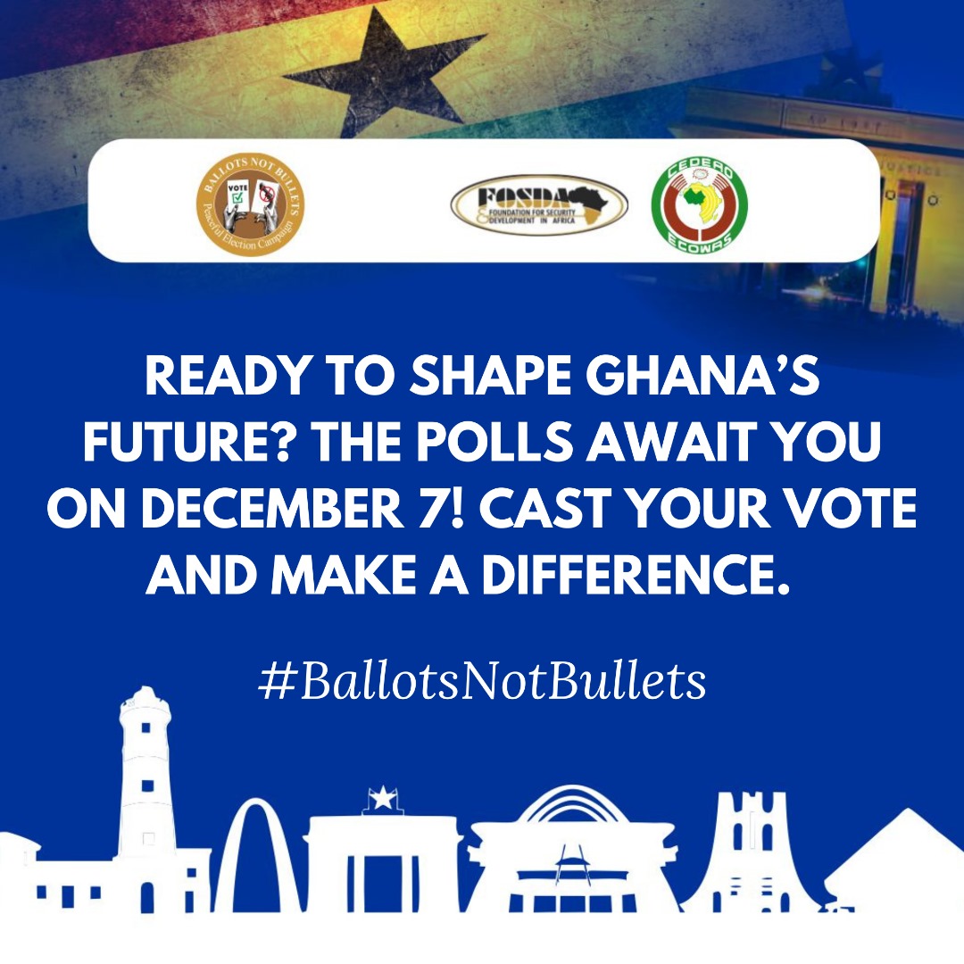 BnBfosda_2024's tweet photo. Ready to shape Ghana's future? The polls await you on December 7! Cast your vote and make a difference.
#BallotsNotBullets
#Peacefulpolls2024
#Voteforpeace
#Fosdaforpeace https://t.co/w4y6shOZPC