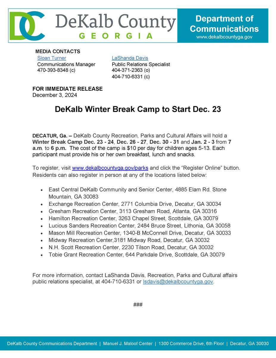 DeKalb Winter Break Camp to Start December 23

To register, visit dekalbcountyga.gov/parks and click the “Register Online” button. Residents can also register in-person at any of the locations listed on the Official Press Release here.
