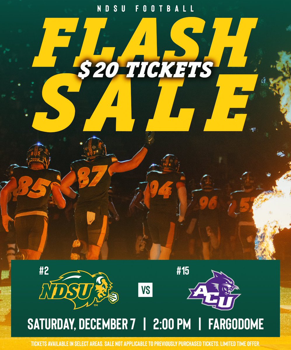 𝙋𝙇𝘼𝙔𝙊𝙁𝙁 𝙁𝙇𝘼𝙎𝙃 𝙎𝘼𝙇𝙀

Get select tickets to tomorrow's second-round game for only $20 until 11:59pm tonight or while supplies last!

Get your tickets now at GoBison.com/FB-Tix