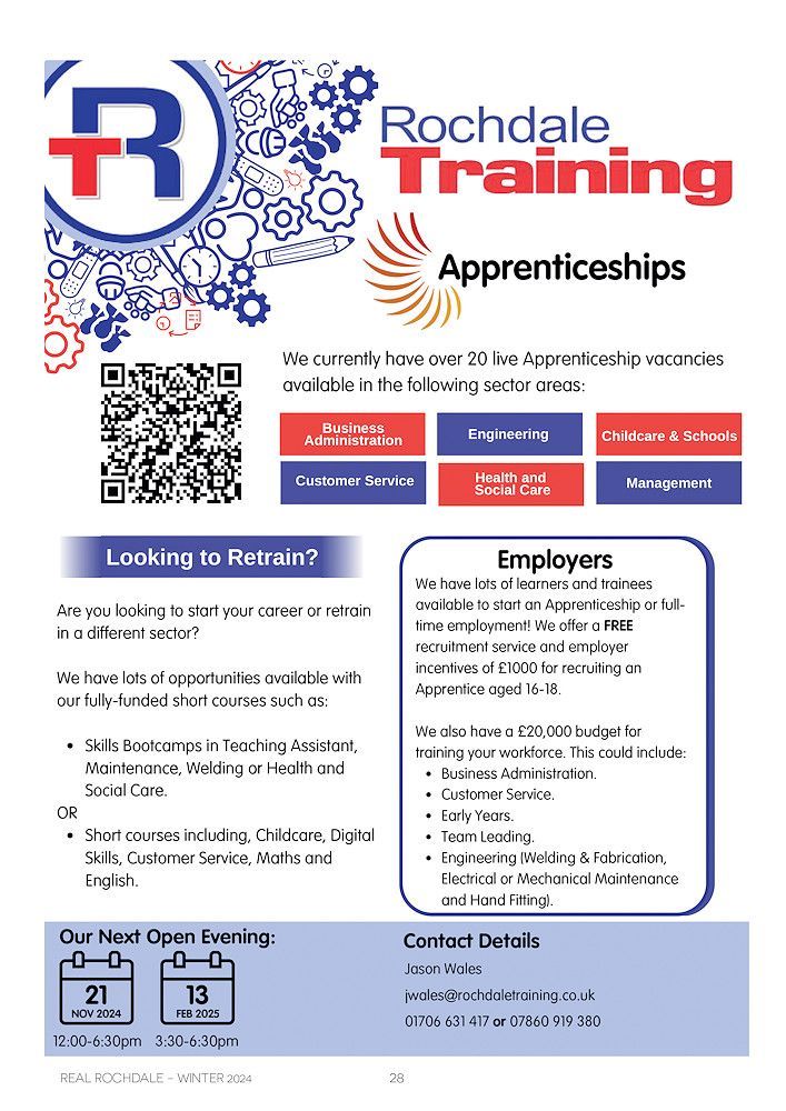 Are you looking to start your career or re-train in a different sector? There are lots of opportunities for you at Rochdale Training. Find out more:
rochdaletraining.co.uk