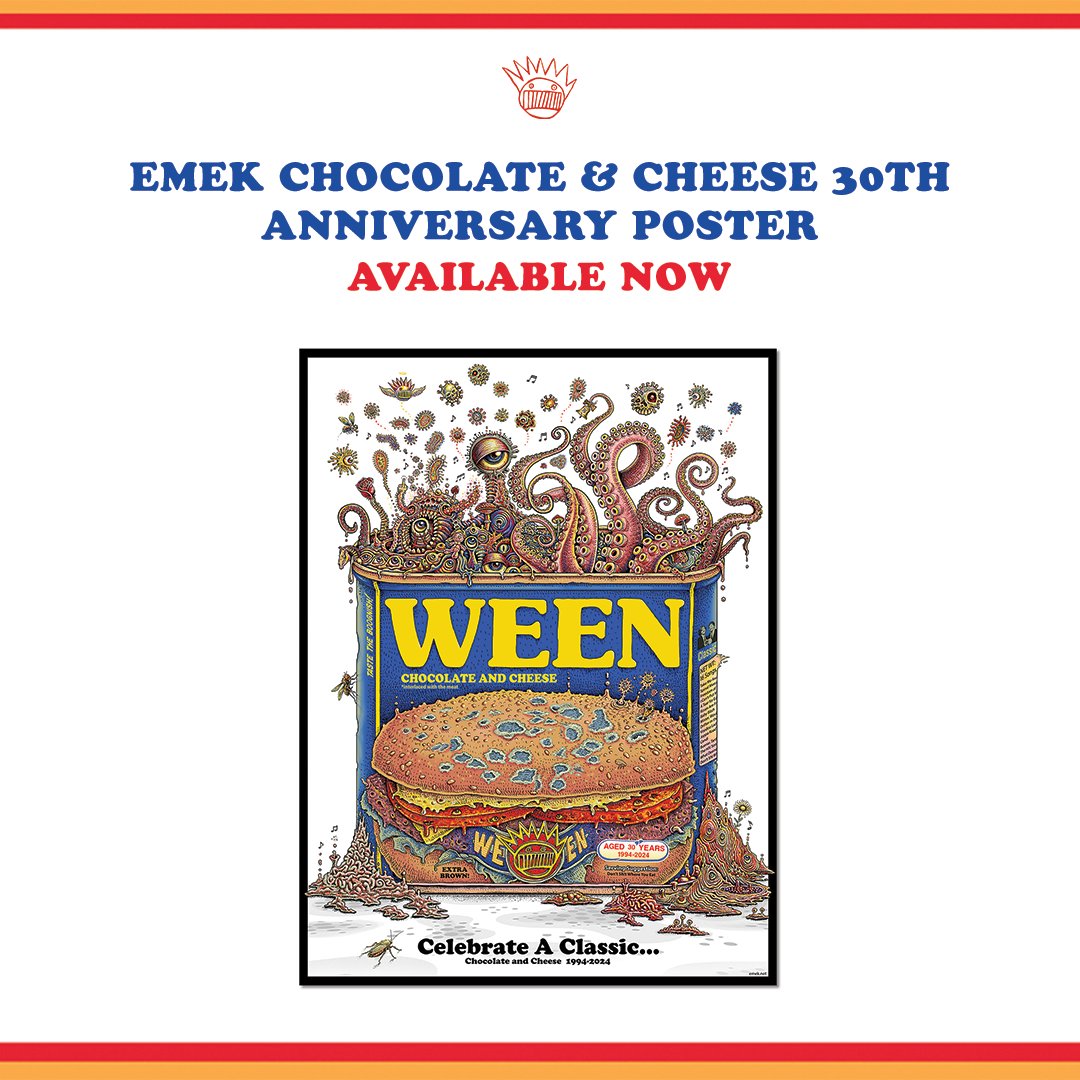 Celebrate a Classic 🟤🟡 Initially designed for Ween's 9/27/24 Philadelphia show, Emek reimagined Chocolate &amp; Cheese in this limited-edition screenprint.

Gets yours while you can ➡ ween.themerchcollective.com/products/emek-…
