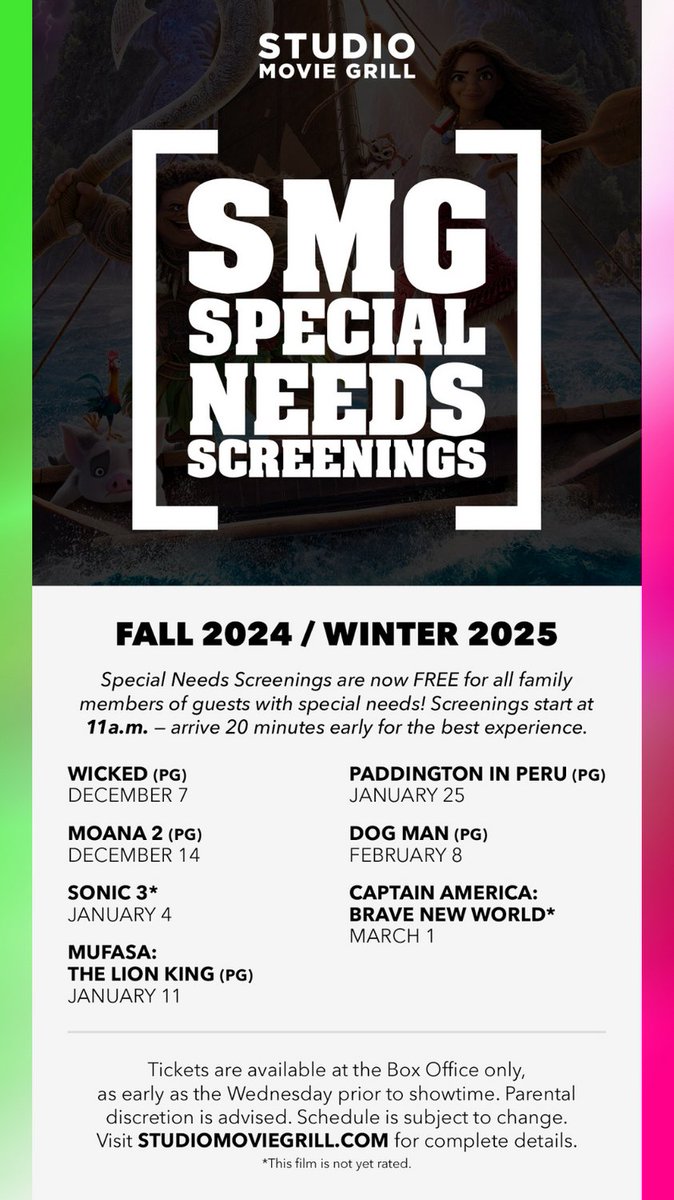 It's that time again - @studiomoviegrill is offering Special Needs Screenings for FREE for all family members and guests! You can go see <a href="/wickedmovie/">Wicked: For Good</a> tomorrow Dec 7th - get tickets via SMG's website. 🍿

#specialneeds #moviescreenings #free