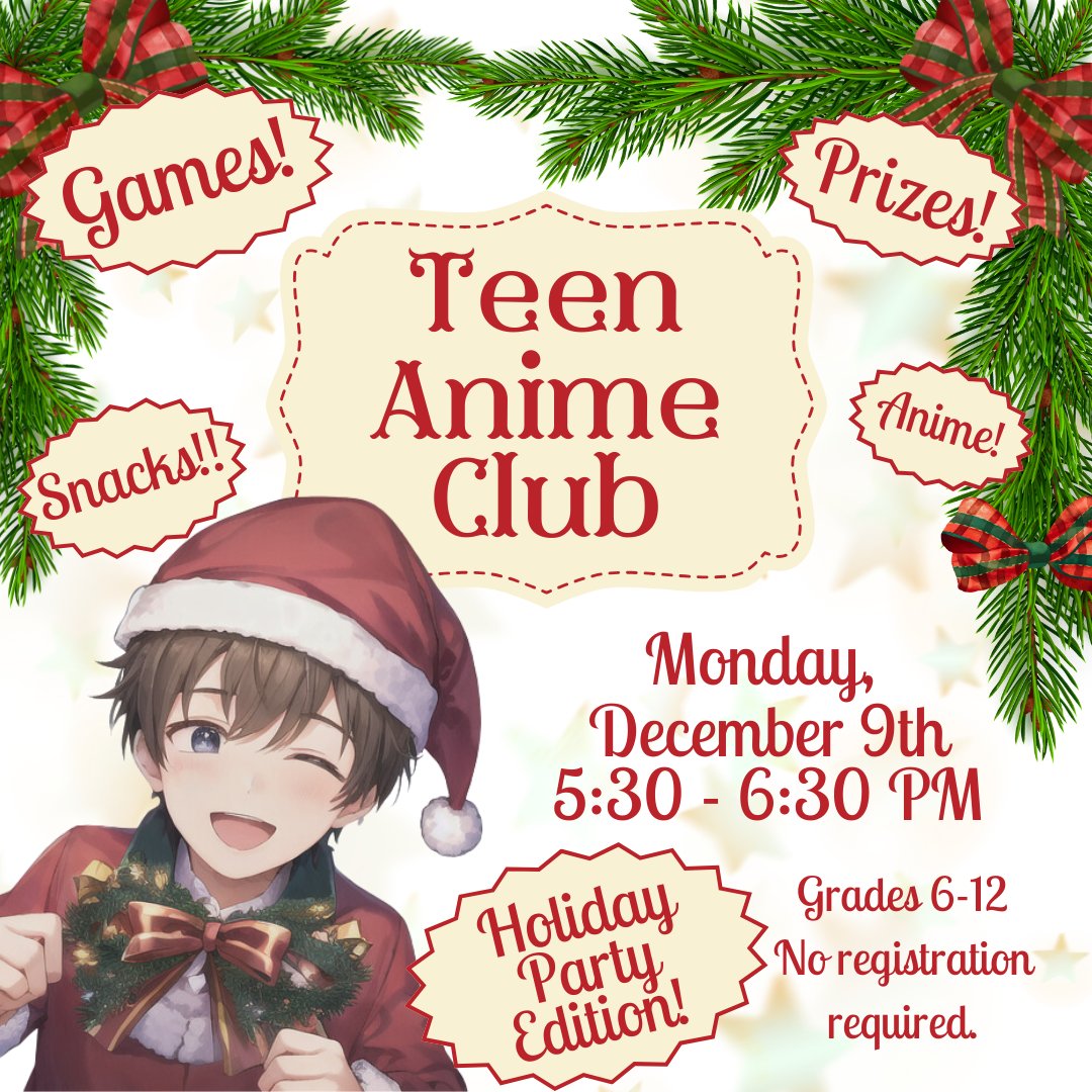 CanalFultonLIB's tweet photo. Teen Anime Club happening this Monday, December 9th at 5:30pm! Tune in for fun holiday games and treats! It's not to be missed as Anime Club will be taking a break in January! https://t.co/aFcJsYLota