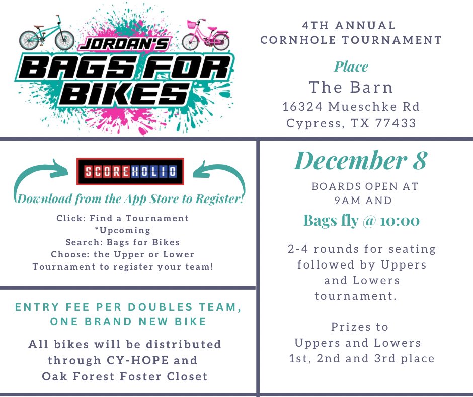 chas2323's tweet photo. Join us this Sunday at The Barn for the fourth annual Jordan’s Bags for Bikes #cornhole tournament. Anyone can play kids included! @CyHopeTX https://t.co/JHfa2lVpwS