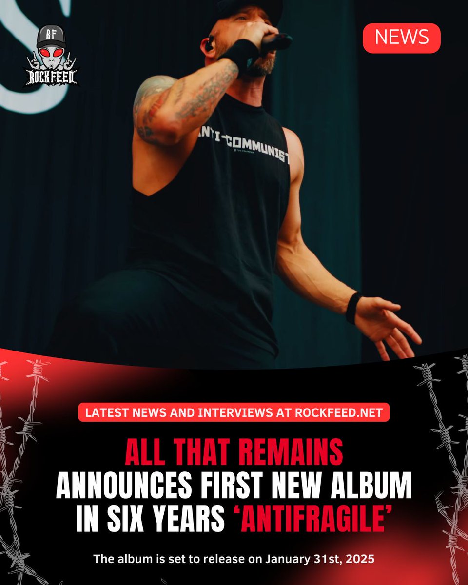 RockFeedNet's tweet photo. All That Remains has announced their first new album in six years: 'ANTIFRAGILE'. The record will release on January 31st, 2025. https://t.co/U4LY4SaZvr